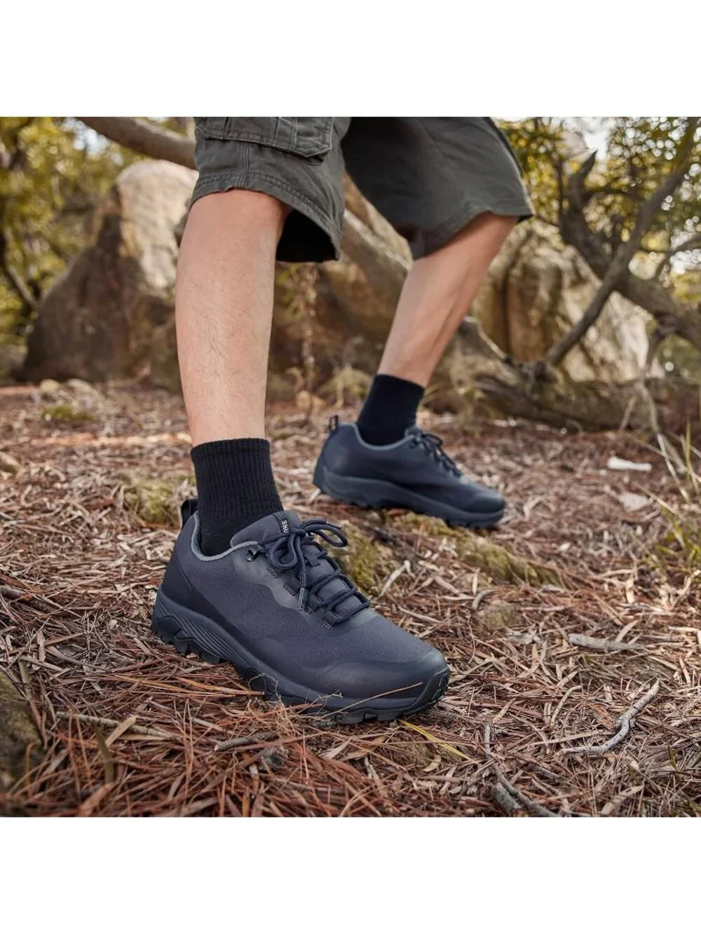 Men's Navy Trekking Shoes Low Top Round Toe Non Slip Zipper Hiking Boots